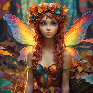 Könnte beinhalten: Eine Fee mit langen, lockigen roten Haaren trägt eine Krone aus Herbstblättern und ein Kleid aus bunten Blättern. Sie hat große, blaue Augen und zarte Schmetterlingsflügel.