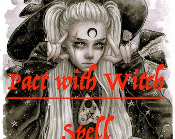 May include: A digital illustration of a witch with long white hair wearing a black hat and a black dress. The witch is surrounded by black mushrooms and stars. The text "Pact with Witch Spell" is written in red letters.