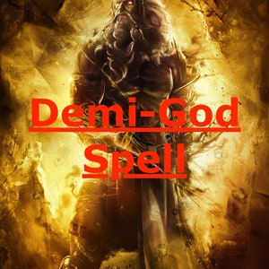 Peut inclure: Illustration numérique d'une figure musclée avec une longue barbe et des cheveux blancs, sur un fond doré texturé. Le texte "Demi-God Spell" est superposé en rouge. La figure porte une armure.