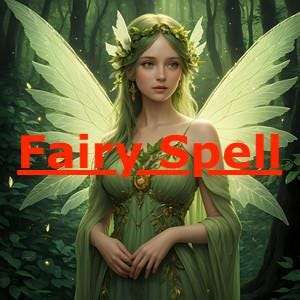 May include: A digital illustration of a fairy with green hair, wings, and a flowing green dress. The fairy is adorned with a floral crown and jewelry. The text "Fairy Spell" is overlaid on the image in red.