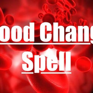 Peut inclure: Image avec les mots "Blood Change Spell" en texte blanc sur un fond rouge avec des globules rouges flottants. Le texte est centré et souligné.