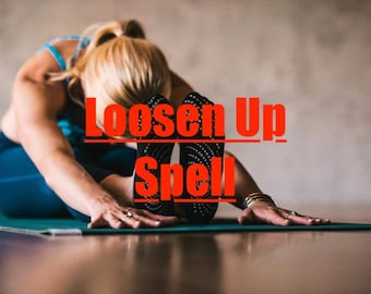 May include: A woman stretches on a green yoga mat with the text "Loosen Up Spell" in red letters.
