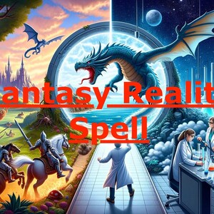 Może przedstawiać: Świat fantasy z smokiem i rycerzami na koniach jest połączony z laboratorium, w którym naukowcy pracują nad wirującym portalem. Tekst "Fantasy Reality Spell" jest napisany na obrazie.