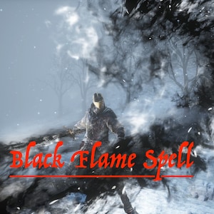 May include: A person in a dark hooded coat stands in a snowy landscape, casting a black flame spell. The spell is a dark, swirling cloud of smoke.