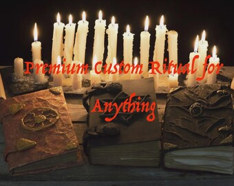 May include: Three leather-bound books with textured covers and metal accents are arranged before a row of lit white candles. The books feature embossed symbols, and the text "Premium Custom Ritual for Anything" is overlaid in red across the image.