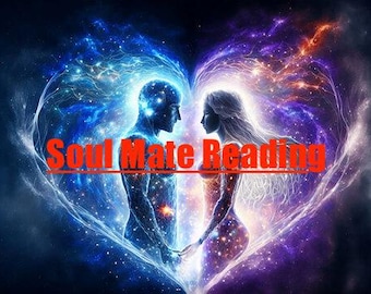 May include: A digital illustration of two figures, a blue and a purple, standing back to back with their arms raised. The figures are surrounded by a heart shape made of swirling light and stars. The text "Soul Mate Reading" is written in red across the center of the image.