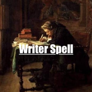 May include: A person sits at a desk in a dimly lit room, writing on a piece of paper. The person is wearing a dark jacket and has their back to the viewer. The desk is covered in papers and there is a stack of books in the background. The text "Writer Spell" is superimposed on the image.