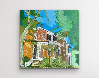 Peinture originale de paysage urbain sur toile 14 x 14 po | Maisons historiques du district de l'Oregon | Art du paysage urbain | Maisons en brique | Scène de quartier carrée
