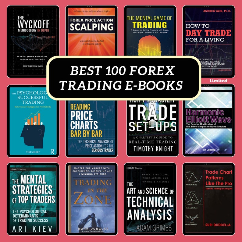 May include: A collage of book covers featuring titles related to forex trading. The covers are colourful and feature various graphics and text. The title "Best 100 Forex Trading E-books" is displayed in a large font at the top of the collage.