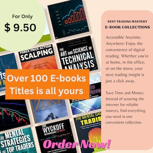 May include: A collage of book covers for an e-book collection on trading. The collection is called "Best Trading Mastery E-book Collections" and is available for &pound;9.50. The collection includes over 100 e-books on topics such as forex price action scalping, technical analysis, and trading strategies.