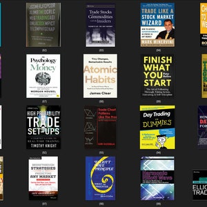 May include: A collage of book covers featuring titles related to finance, trading, and personal development. The books include "Rich Dad Poor Dad", "Psychology of Money", "Atomic Habits", "Trade Like a Stock Market Wizard", "Think and Grow Rich", "The Compound Effect", "High Probability Trade Set-Ups", "Trade Chart Patterns Like the Pros", "Day Trading for Dummies", "How to Day Trade for a Living", "Predicting Any Market", "Breakthrough Strategies Predicting Any Market", "The Elliott Wave Principle", "Harmonic Elliott Wave", and "Elliott Wave Trading".