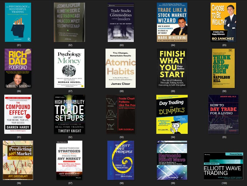 May include: A collage of book covers featuring titles related to finance, trading, and personal development. The books include "Rich Dad Poor Dad", "Psychology of Money", "Atomic Habits", "Trade Like a Stock Market Wizard", "Think and Grow Rich", "The Compound Effect", "High Probability Trade Set-Ups", "Trade Chart Patterns Like the Pros", "Day Trading for Dummies", "How to Day Trade for a Living", "Predicting Any Market", "Breakthrough Strategies Predicting Any Market", "The Elliott Wave Principle", "Harmonic Elliott Wave", and "Elliott Wave Trading".
