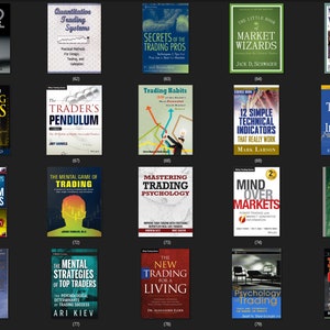 May include: A collage of book covers featuring titles related to trading and investing. The covers are a mix of colours and designs, with some featuring images of people, charts, and graphs.
