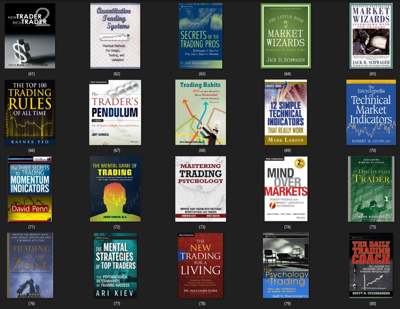 May include: A collage of book covers featuring titles related to trading and investing. The covers are a mix of colours and designs, with some featuring images of people, charts, and graphs.