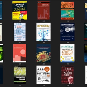May include: A collage of book covers featuring various titles related to cryptocurrency, trading, and investing. The covers feature a variety of colours, graphics, and text, including titles like "Candlestick Charting for Dummies", "Beyond Bitcoin", "Cryptocurrency Master Bundle", and "Advanced Crypto Trading Strategies".