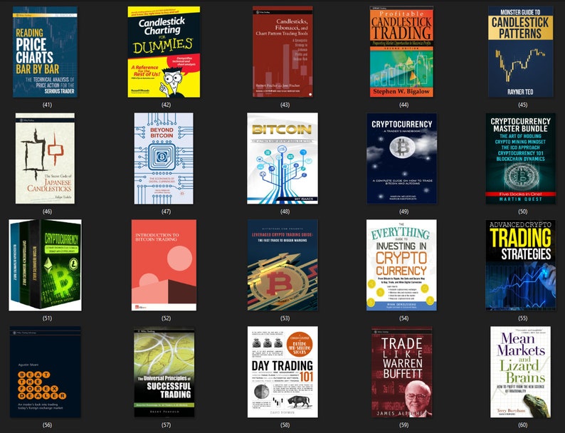 May include: A collage of book covers featuring various titles related to cryptocurrency, trading, and investing. The covers feature a variety of colours, graphics, and text, including titles like "Candlestick Charting for Dummies", "Beyond Bitcoin", "Cryptocurrency Master Bundle", and "Advanced Crypto Trading Strategies".