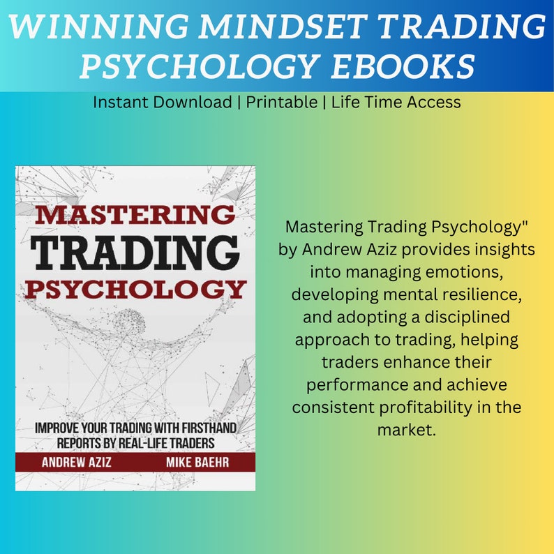 May include: Book cover for "Mastering Trading Psychology" by Andrew Aziz and Mike Baehr. The cover features a red and white abstract design with the title in bold black text. The subtitle is "Improve your trading with firsthand reports by real-life traders".