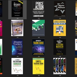 May include: A collage of book covers featuring various trading strategies and techniques. The covers are colourful and feature graphics related to finance and trading, such as charts, graphs, and money.