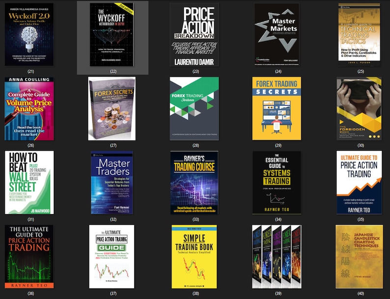 May include: A collage of book covers featuring various trading strategies and techniques. The covers are colourful and feature graphics related to finance and trading, such as charts, graphs, and money.