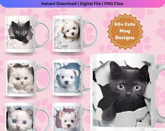 3D Cat & Dog Mug Wrap Designs: Pet Lover Bundle (Digital Download)