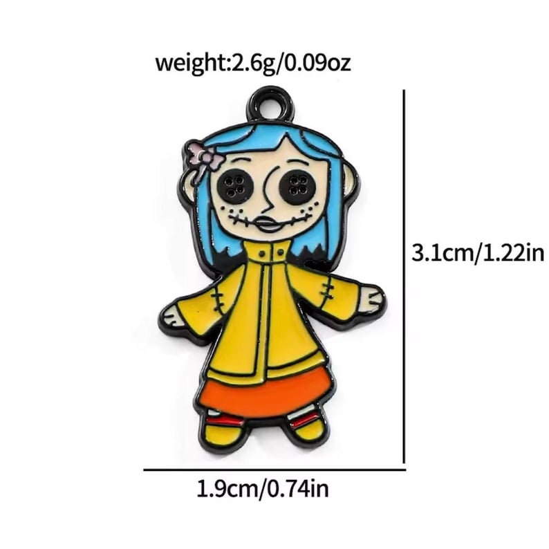 May include: A cartoon character charm with blue hair, button eyes, and a yellow coat. The charm is 1.22 inches tall and 0.74 inches wide. The charm weighs 0.09 ounces. The character has a pink bow and a stitched mouth.