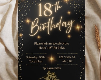 Invitación de cumpleaños en negro y dorado / Invitación editable para fiesta de 18 años / Descarga digital / Cumpleaños importante