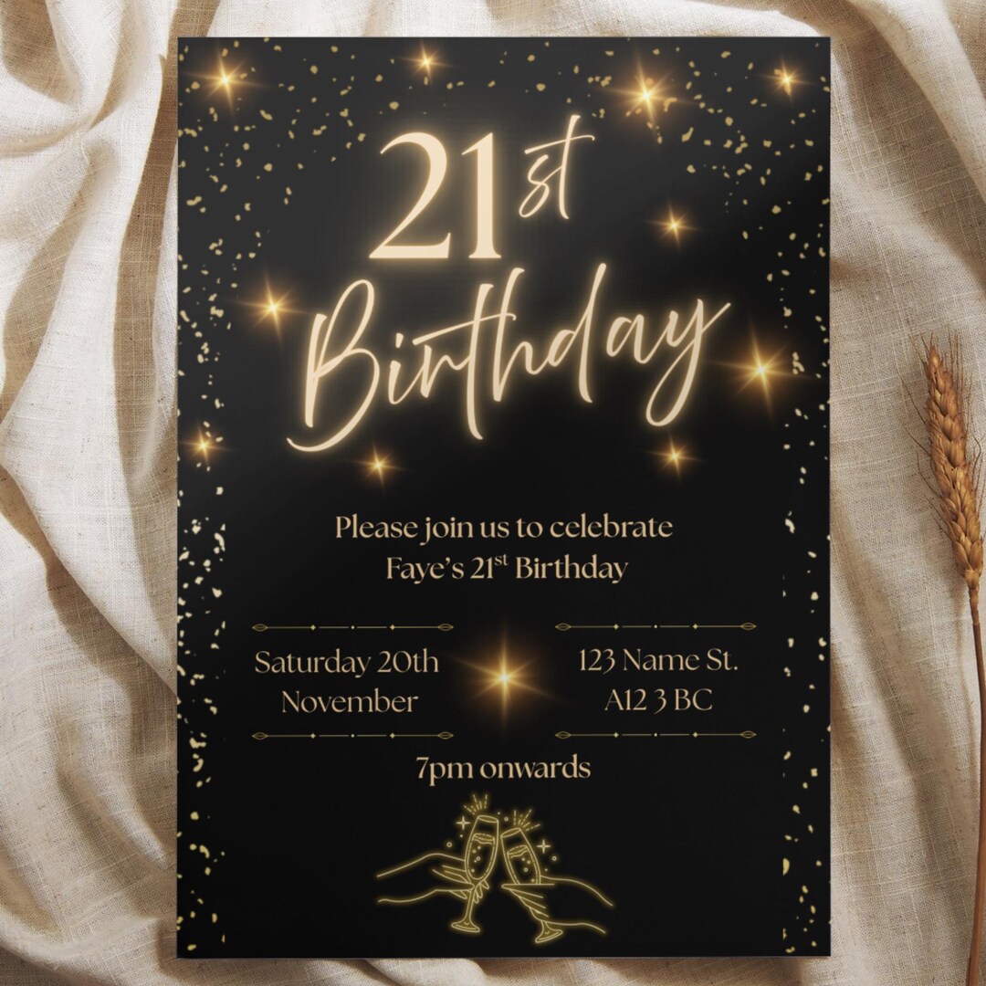 Black and Gold Birthday Invitation | Editable 21st Party Invite ...
