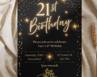 Black and Gold Birthday Invitation | Editable 21st Party Invite | Digital Download | Milestone Birthday