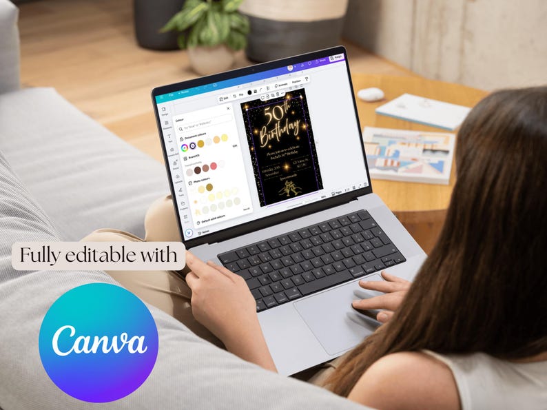 May include: A laptop displays a 50th birthday invitation design. The design features gold text and accents on a black background. The screen also shows editing options. The Canva logo is visible in the bottom left corner.