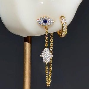 Vela Hamsa Evil Eye Earring Set, Evil Eye Chain Earring, Hamsa Flat Earring, Hamsa Hand Earrings, Gold Hamsa Earrings