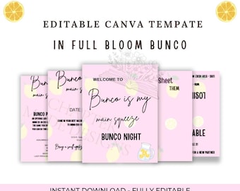 Pacchetto Bunco Limone - Modello Canva / Invito Bunco Main Squeeze - Schede segnapunti - Fogli di conteggio - Regole - Segnaposto da tavolo / Set per serate di gioco primavera/estate