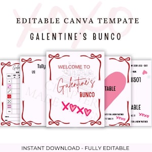 以下が含まれることがあります： Galentine's Buncoゲームテンプレートのコレクション。デザインは、リボンやボーダーなど、赤いアクセントのある白い背景が特徴です。「Galentine's Bunco」と「XOXO」のテキストはピンク色です。