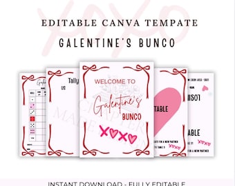 Modello modificabile Canva per la serata Bunco di San Valentino/Invito, segnapunti, fogli di conteggio, regole, segnaposto per la serata Bunco di Galentine/Personalizzabile
