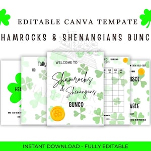 Puede incluir: Un conjunto de plantillas Canva blancas con acentos de tréboles verdes y el texto "Shamrocks & Shenanigans Bunco". Las plantillas incluyen un letrero de bienvenida, tarjetas de puntuación y otros elementos del juego. También se ve el texto "Editable Canva Template" y "Instant Download - Fully Editable".