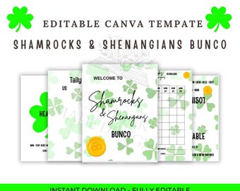 Modello modificabile Canva per la serata Bunco di San Patrizio/Invito Bunco Shamrock, schede segnapunti, fogli di conteggio, regole, segnaposto/Personalizzabile