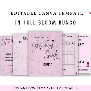 Könnte beinhalten: Eine Sammlung von rosa Bunco-Spielvorlagen mit Blumen- und Cowboy-Stiefel-Motiven. Der Text enthält "Let's Roll Girls" und "Bearbeitbare Canva-Vorlage". Das Design ist für einen sofortigen Download.