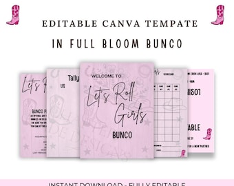 Pacchetto Bunco Lets Roll Girls / Set Bunco Cowgirl Rosa - Modello Canva / Invito Serata Giochi Western - Schede Segnapunti - Fogli di Conteggio - Segnaposto da Tavolo