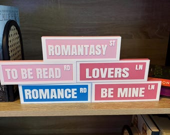 Valentine’s Day Mini Street Signs | Book Lover Gift, 3D Printed Shelf Decor, Tiered Tray Signs | Lovers Ln, Romance Rd, To Be Read Rd