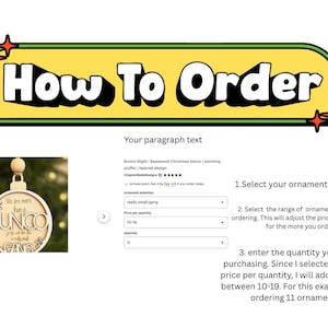 以下が含まれることがあります： How To Orderというタイトルの説明用グラフィック。We are more than a BUNCO group, we are a really small gangという文字が刻まれた円形の木製オーナメントが写っています。画像には、オーナメントのデザイン、数量範囲、購入する具体的な数量を選択するためのドロップダウンメニューのインターフェースが含まれています。