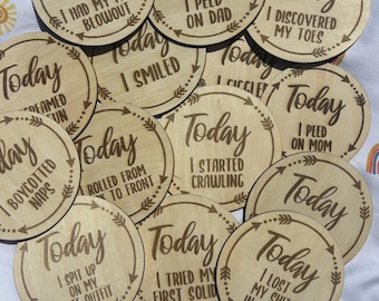 Funny baby milestones; My first baby milestones; Today I baby achievement markers; cute baby milestone discs: set of 16 milestone phrases