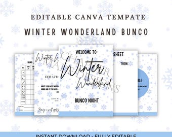 Modello modificabile Canva per la serata Bunco nel Paese delle Meraviglie Invernali/Invito Bunco, schede segnapunti, fogli di conteggio, regole, segnaposto/Personalizzabile