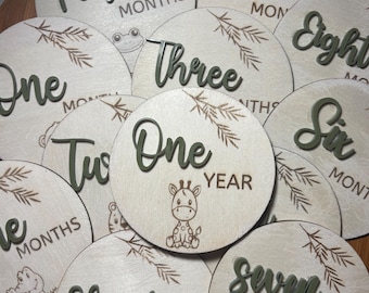 Safari Monthly milestone discs | safari nursery decor | baby shower gift | baby announcement 1-12 baby month markers | wooden milestone card