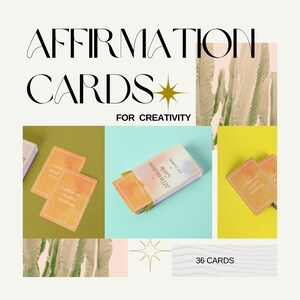 Könnte beinhalten: Ein Set mit 36 Affirmationskarten für Kreativität. Die Karten sind bunt und zeigen inspirierende Zitate. Die Schachtel ist lila und trägt den Aufdruck "Affirmationskarten". Die Karten sollen dir helfen, dein kreatives Potenzial zu entfalten.