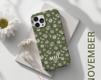Toile Phone Case November Birth Flower for iPhone 16 15 14 13 12 11 Pro Max, Custom Personalized Monogram Name Phone Case, Best Friend Gift