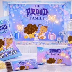 May include: A celebratory scene with blue and white decorations, featuring snacks and water bottles labelled "The Proud Family." The packaging includes illustrations of cartoon babies and the text "Welcomes Bebe & Cece."