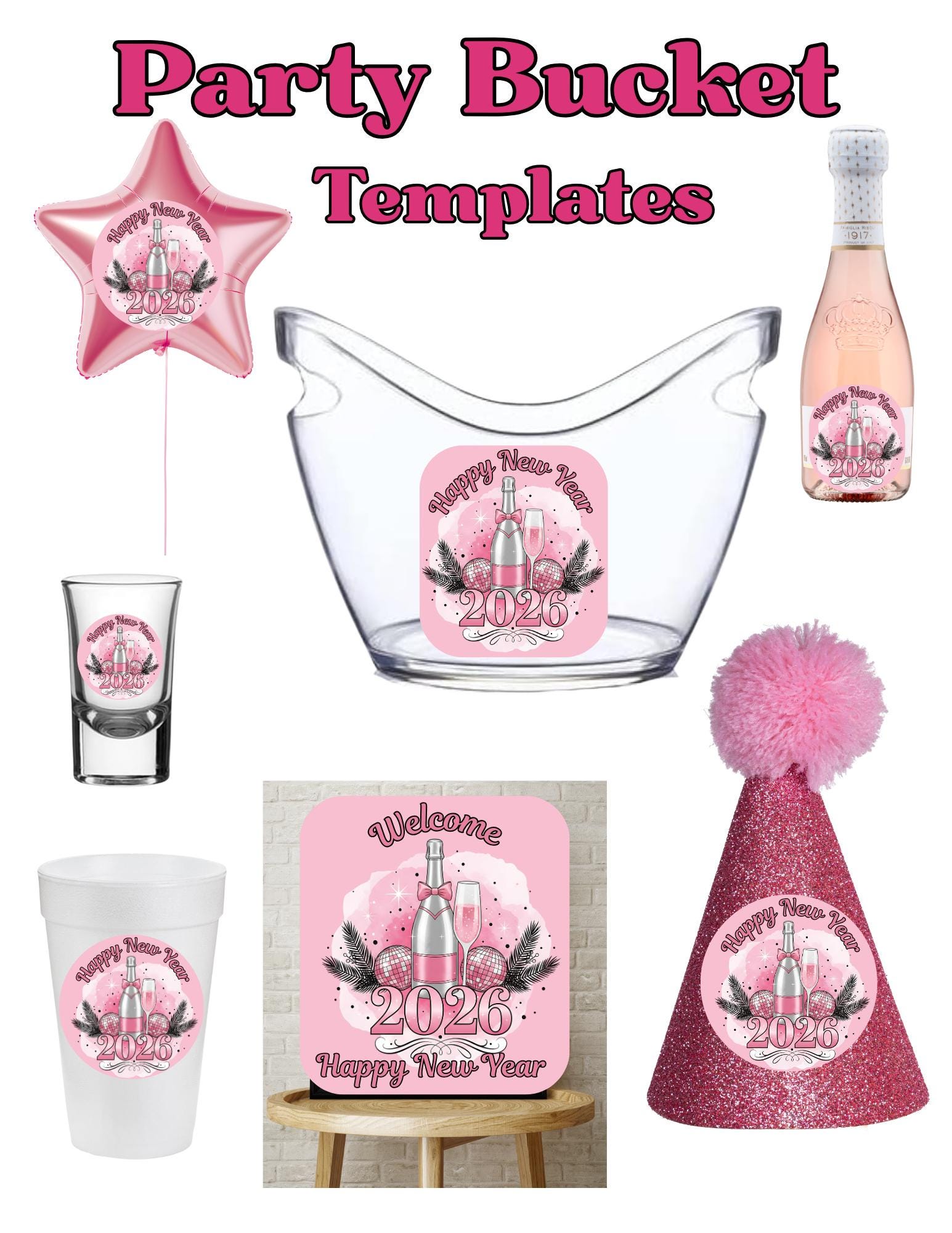 Professional Bucket Label Examples 2026 New Year Party Bucket Label Templates, Pink Glam Decor (editable ...