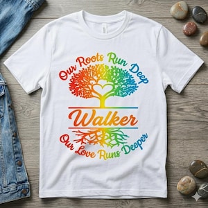 May include: White t-shirt with a colorful tree design and the text "Our Roots Run Deep, Walker, Our Love Runs Deeper." The tree is in rainbow colors, with a heart in the center. The text is in a matching rainbow gradient.