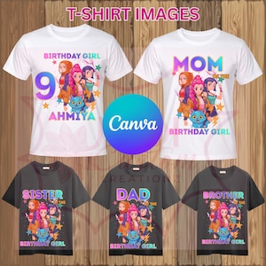 Puede incluir: Camisetas blancas y grises con gráficos y texto coloridos. Las camisetas presentan diseños para una cumpleañera, mamá, hermana, papá y hermano. El texto incluye "Birthday Girl", nombres y roles familiares. Las camisetas tienen un estilo de dibujos animados.