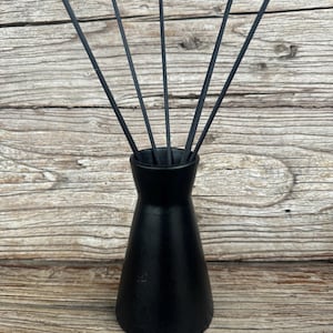 Könnte beinhalten: Schwarze Diffuserflasche mit schwarzen Schilfrohren. Die Flasche hat einen breiten Boden und einen schmalen Hals. Die Schilfrohre sind fächerförmig angeordnet.