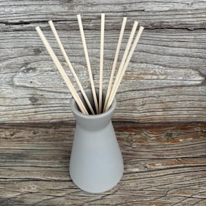 Może przedstawiać: Szara ceramiczna butelka dyfuzora z naturalnymi drewnianymi trzcinami wystającymi z góry.
